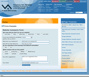 Forms example for Voluntary Arts Network