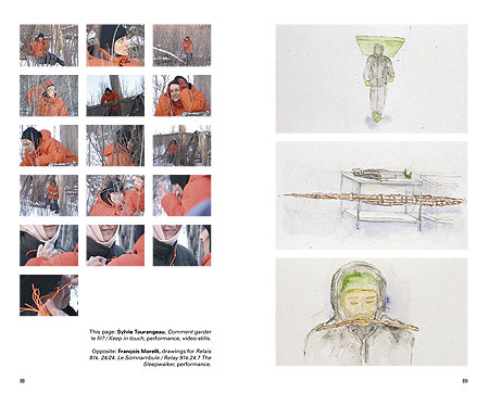 Spread showing video stills by Sylvie Tourangeau (left) and drawings by Francois Morelli (right)