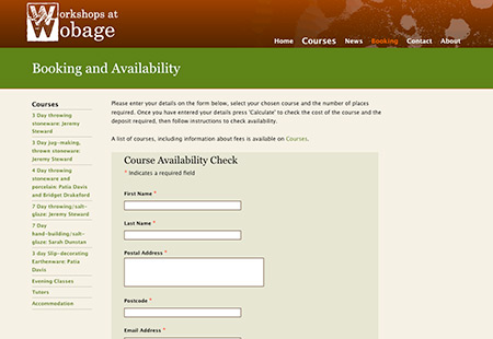 Workshops at Wobage website - screenshot of integrated booking form